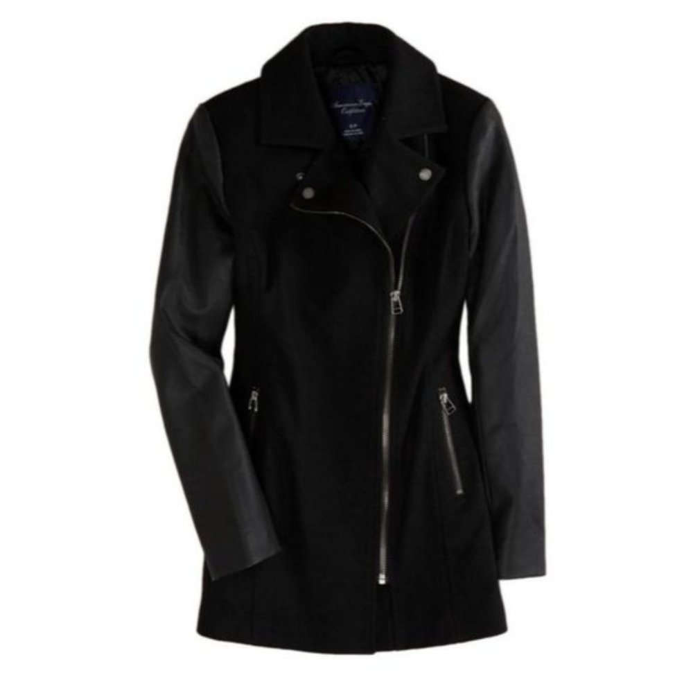 American Eagle Outfitters Wool Faux Leather  Zip Pea Coat Black size L